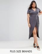 Club L Plus Short Sleeve Wrap Over Open Split Maxi Dress - Gray