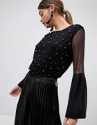 Zibi Pearl And Crochet Blouse With Puff - Black