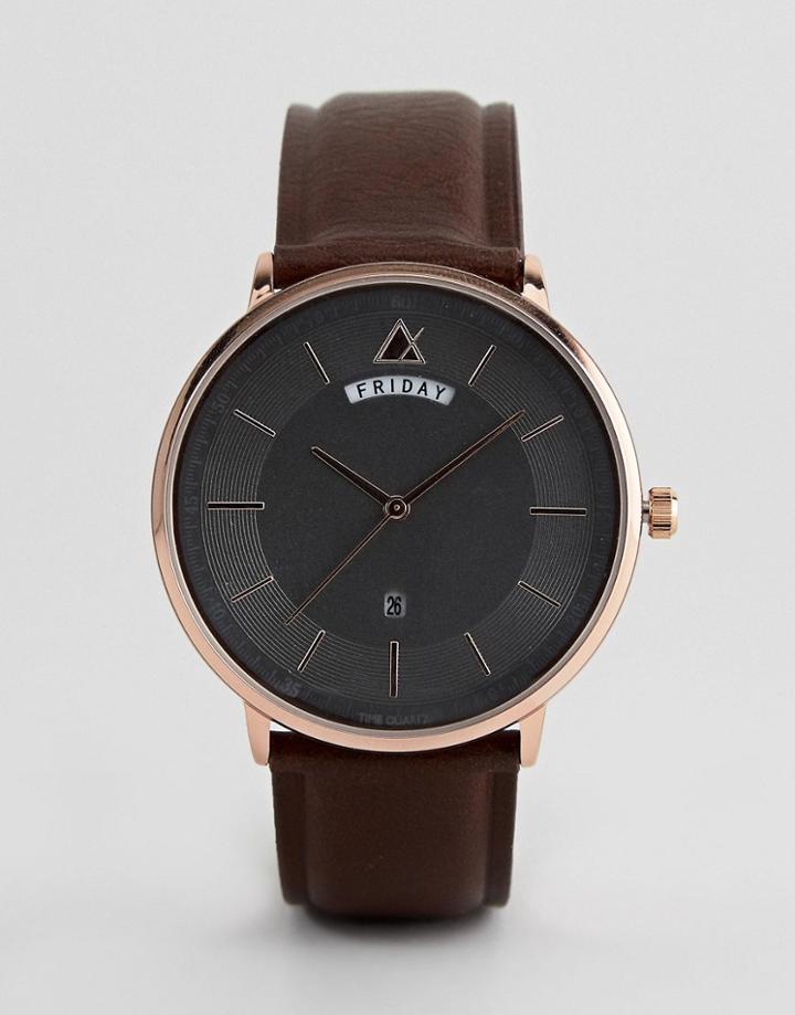 Asos Minimal Watch In Brown And Rose Gold With Day And Date Window - Brown