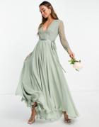 Asos Design Bridesmaids Linear Embellished Bodice Maxi Dress With Wrap Skirt-green
