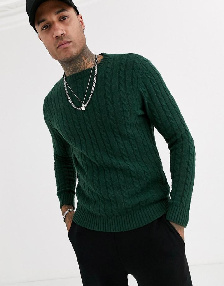 Asos Design Lambswool Cable Knit Sweater In Bottle Green
