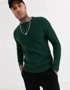 Asos Design Lambswool Cable Knit Sweater In Bottle Green