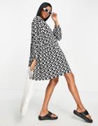 Monki Recycled Polyester Smock Mini Dress In Black And White Heart Check Print-multi