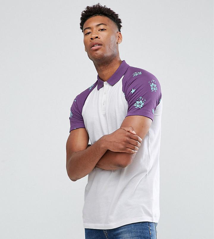 Asos Tall Raglan Polo With Floral Star Print Contrast Sleeves - White