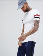 Asos Design Muscle Fit T-shirt With Stretch And Sleeve Stripe In White