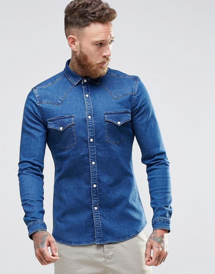 Asos Skinny Fit Western Shirt 9oz Denim In Vintage Wash With Long Sleeves - Blue