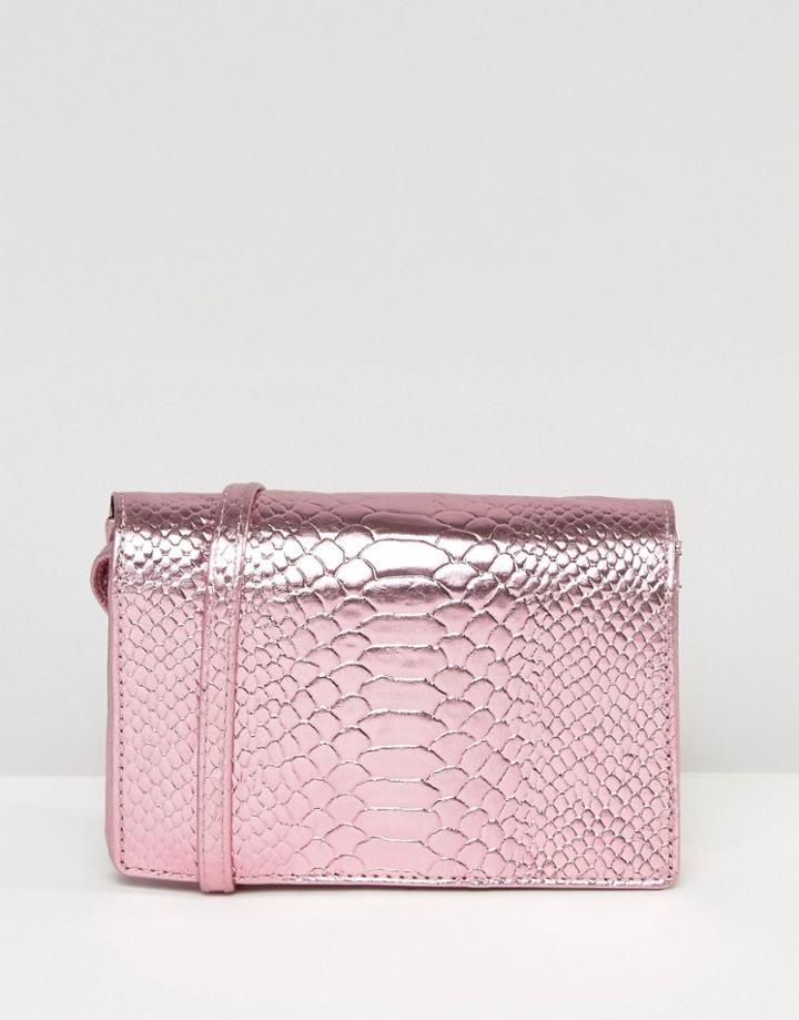 Asos Leather Metallic Snake Embossed Cross Body Bag - Pink