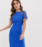 Chi Chi London Petite Pencil Dress With Lace Insert And Cap Sleeve In Blue - Blue