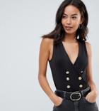 Asos Design Tall Sleeveless Tuxedo Wrap Body With Gold Trim - Black