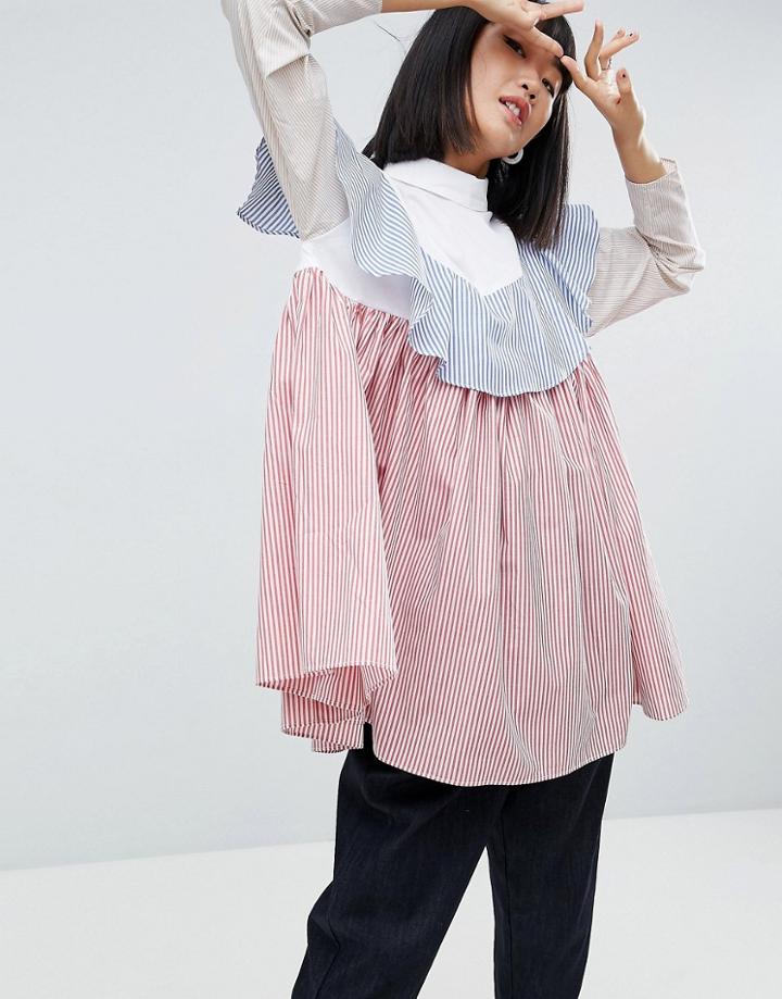 Asos White Oversized Frill Shirt With Multi Stripe - Multi