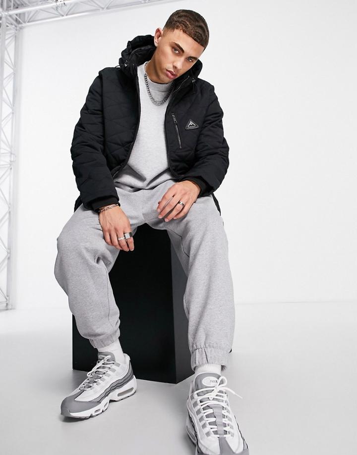 River Island Diamond Quilted Jacket With Hood In Black