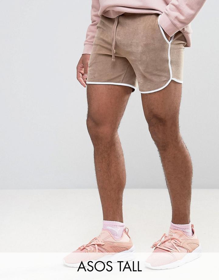 Asos Tall Runner Shorts In Beige Velour - Beige