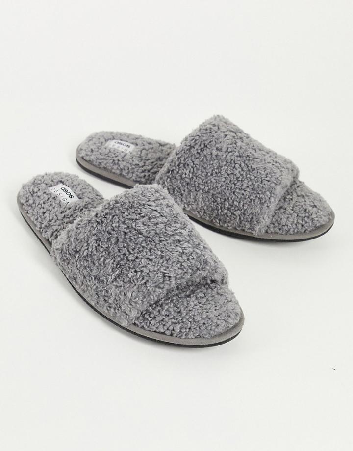 Asos Design Slipper In Gray Shearling-blues