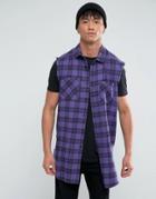 Asos Regular Fit Check Shirt With Acid Wash In Super Longline - Purple