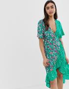 Influence Wrap Midi Dress In Mixed Floral Print - Green