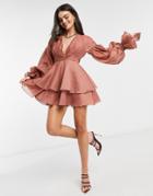 Asos Design Pleated Mini Dress With Blouson Sleeve And Cuff Detail In Rose-pink