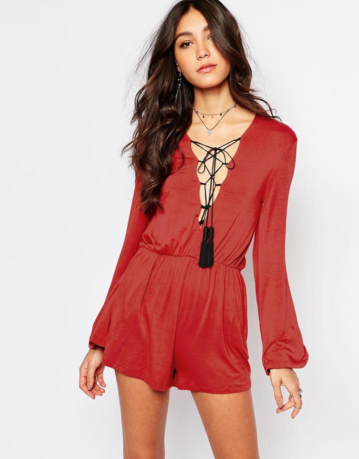 Lira Festival Romper With Lace Up Front And Fluted Sleeve - Rust