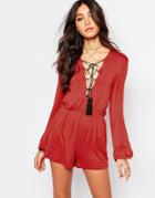 Lira Festival Romper With Lace Up Front And Fluted Sleeve - Rust