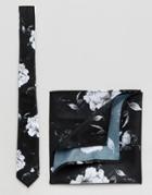 Asos Winter Floral Tie And Pocket Square Set - Black