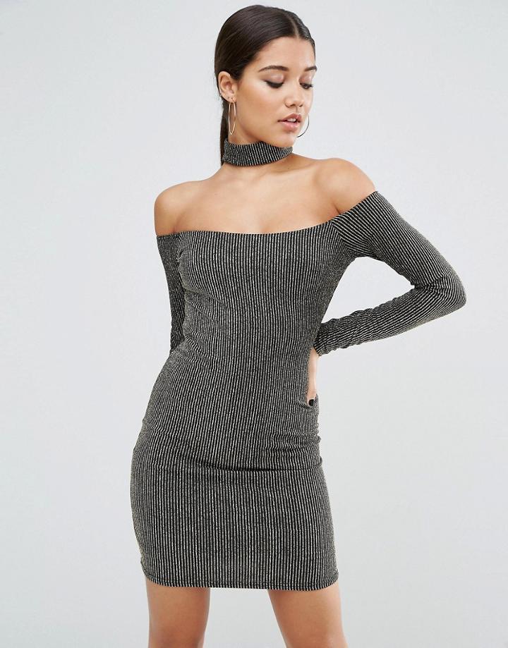 Asos Long Sleeve Bardot Choker Glitter Mini Bodycon Dress - Black