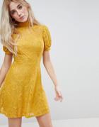 Asos Mini Lace Dress With Puff Sleeve - Yellow