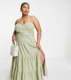 Asos Design Curve Tiered Belted Maxi Crinkle Sundress In Khaki-green