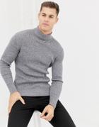 Brave Soul Muscle Fit Roll Neck Stretch Rib Sweater - Gray