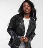 Asos Design Tall Longline Oversized Faux Leather Moto Jacket In Black