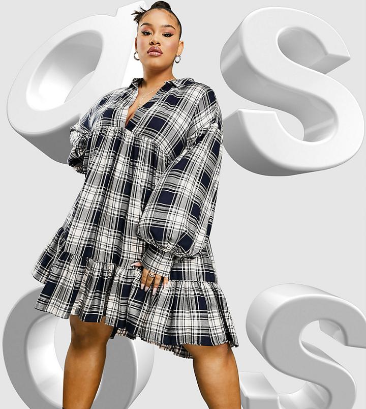 Asos Design Curve Trapeze Mini Shirt Dress In Navy Check-multi