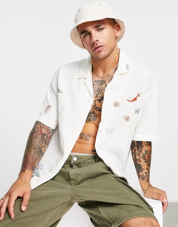 Bershka Embroidered Linen Shirt In Ecru-white