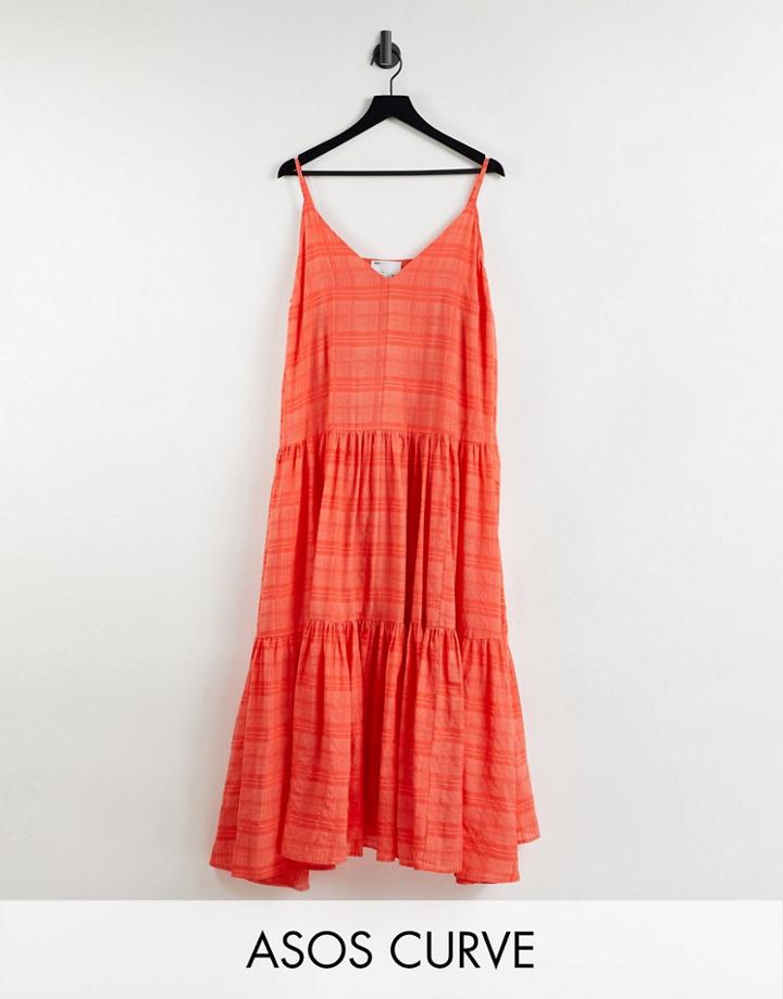 Asos Edition Curve Tiered Cami Maxi Dress In Organza Check In Tomato Red