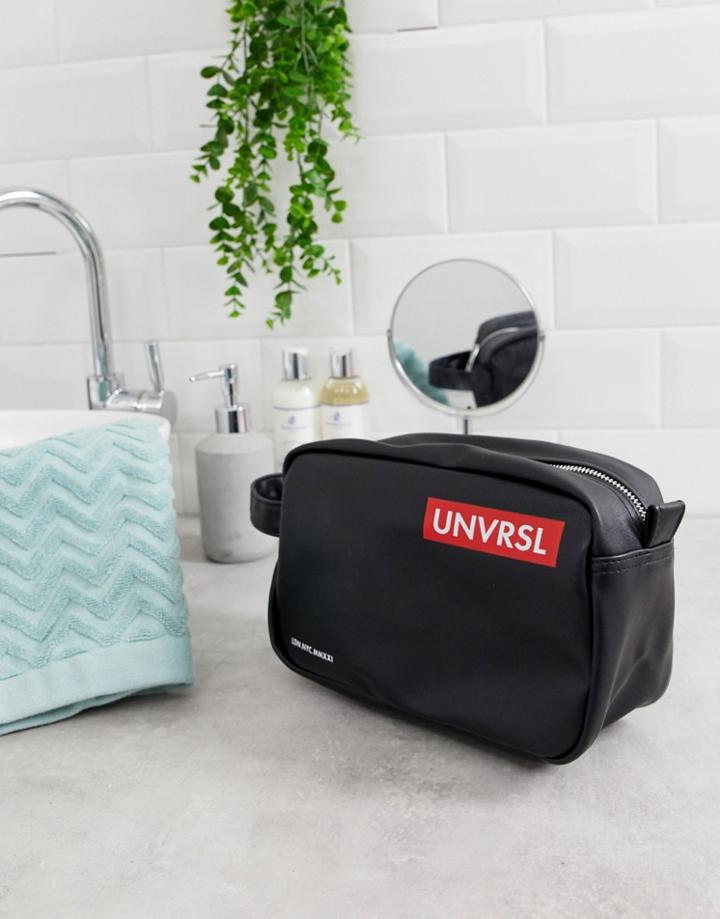 Asos Design Toiletry Bag In Black With Red Text Detail - Black