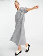 Object Organic Cotton Reversible Maxi Smock Dress With Tie Detail In Stripe-navy