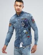 Replay Regular Fit Space Badges Camo Trim Denim Shirt - Blue