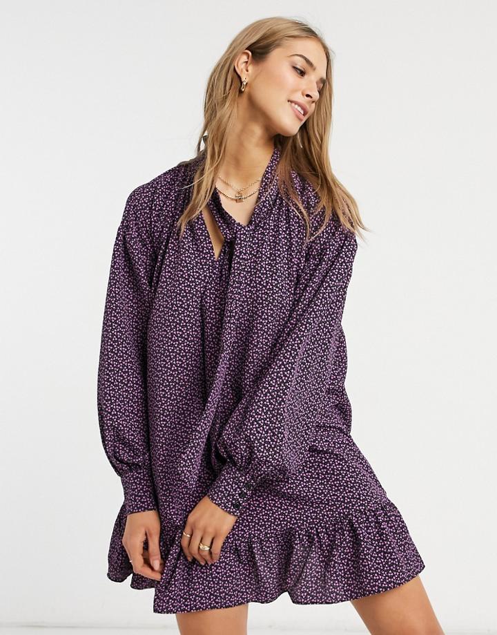 Glamorous Tie Neck Mini Smock Dress In Purple Ditsy Floral-black