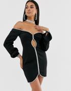Asos Design Rhinestone Trim Off Shoulder Contour Mini Dress With Cut Out-black