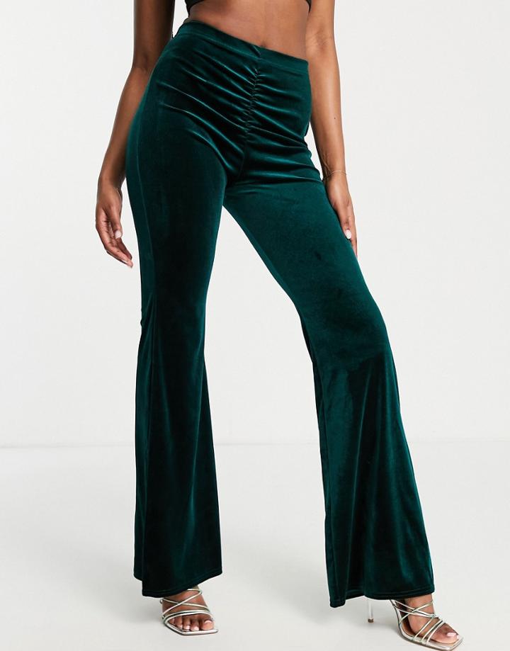 Jaded Rose Exclusive Ruched High Waist Velvet Flare Pants In Emerald Green