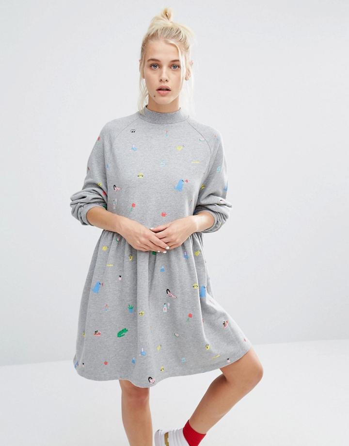 Lazy Oaf Oversized Sweat Dress With Random Print - Gray
