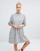 Lazy Oaf Oversized Sweat Dress With Random Print - Gray