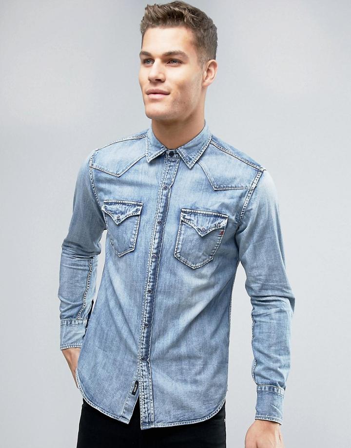 Replay Regular Fit Light Wash Denim Shirt - Blue