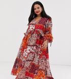 Neon Rose Plus Maxi Smock Dress With Button Front In Patchwork Print-multi