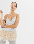 Asos Design Sequin Cami With Faux Feather Trim - Silver