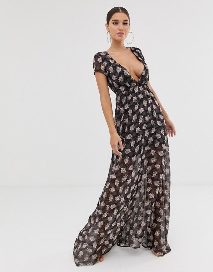 Club L V Plunge Floral Maxi Dress-navy