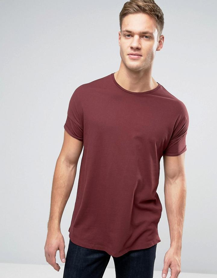 Pull & Bear Longline T-shirt In Burgundy - Pink