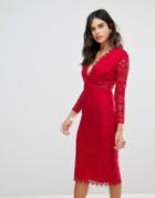 Asos Long Sleeve Lace Midi Pencil Dress - Red