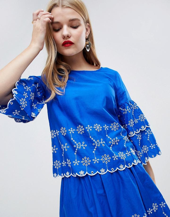 Vero Moda Embroidered Frill Shell Top-blue