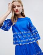 Vero Moda Embroidered Frill Shell Top-blue