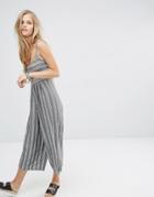 Pull & Bear Culotte Jumpsuit In Stripe With Cut Out Detail - White