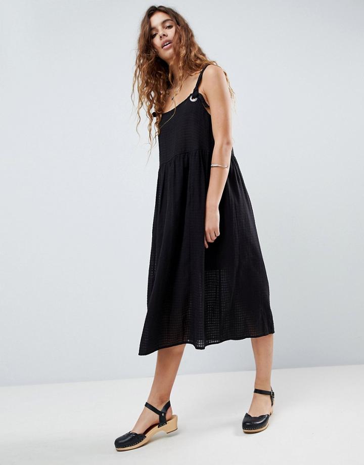 Asos Design Casual Smock Midi Sundress In Grid Texture With Knot Tie - Black