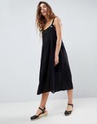 Asos Design Casual Smock Midi Sundress In Grid Texture With Knot Tie - Black